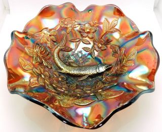 Scarce* CARNIVAL GLASS  Millersburg BIG FISH Ruffled Bowl  Amethyst