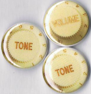 set of 3 guitar volume/tone knob pins buttons badges fender 