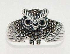 Marcasite Owl Ring w/ Onyx Eyes Sterling Silver Size 8