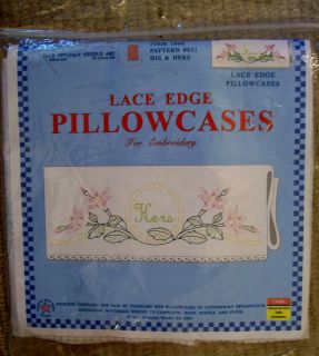 NIP Stamped Lace Edged Pillowcases To Embroider HIS & HERS Floral 