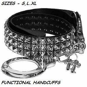 BELT   HANDCUFFS   3ROW CHROME 1/2 STUDDED PYRAMIDS   S,L  NEW*