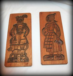   wooden vintage cookie presses, dutch carved woman and man with dog