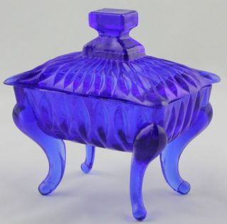 Vintage Cobalt Blue Covered Footed Powder or Trinket Jewelry Box