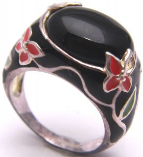 Vintage Sz9.25 925 Sterling Silver Ring w/ Black Onyx & Flowers DAVID 