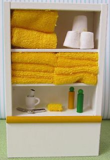   Miniature Filled Bathroom Cabinet, Yellow Towels, shaving set