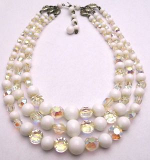 Vintage 14 18mm DEAUVILLE 3 Strand Necklace Rhinestones White Beads 