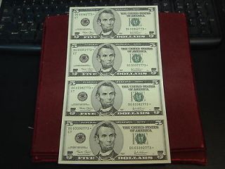 Uncut Sheet of 4 2003 $5 Five Dollar Federal Reserve Star Notes 