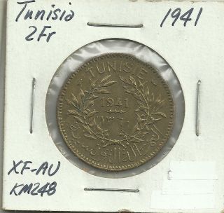 1941 Tunisia French Tunisia 2 Franc Coin Bon Poursmall spot rev, great 