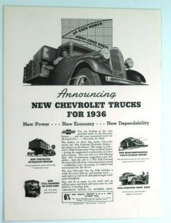 1936 CHEVY TRUCKS FULL PAGE MAGAZINE AD Authentic Chevy 1930s 