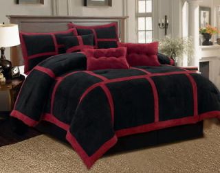 12 PC Comforter Curtain Set Black Red Micro Suede Queen Size Bed in a 