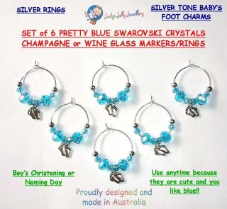   CRYSTAL & SILVER BABY FEET CHARMS WINE CHAMPAGNE GLASS MARKERS