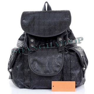 Black Skull Print Backpack Rucksack Faux Leather Bag Punk Satchel 