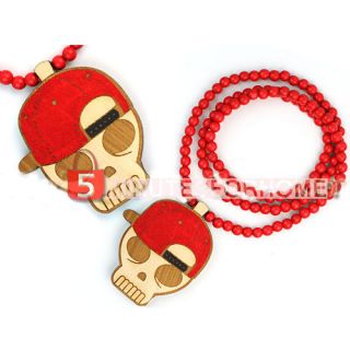   Fashion Good RED Hat Skull Pendant Wood Ball Bead Chain Necklace GWN82