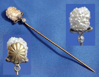 Antique Art Nouveau Baroque Pearl Pin in Solid Gold Mounting with Two 