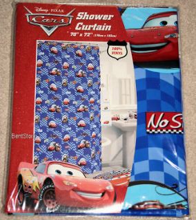   CARS LIGHTNING MCQUEEN BATHROOM Vinyl Shower Curtain Racing Flags NEW