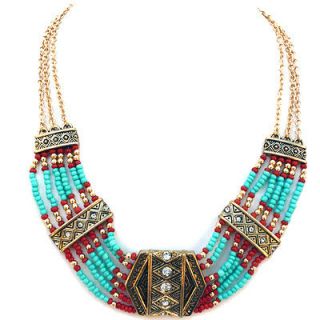   Beaded Gold PL Turquoise Coral Aztec Indian Collar Necklace Earring