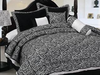 7pcs White Black Zebra Micro Fur COMFORTER SET BED IN A BAG Queen