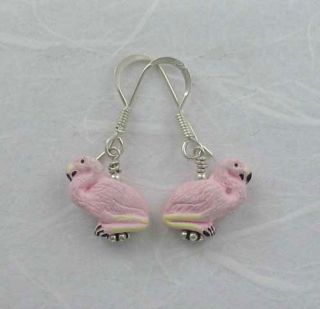 Pair Hand Painted Ceramic Bead Earrings, Pink Flamingo Design, New