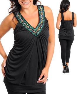   Beaded Black Ruched Top Womens Plus Size 0 1 2 3 14W 16W 18/20 22/24