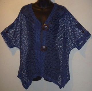   Blue Wood Button Crochet MESH Bolero Vest Sequins Cardigan Top 1X Plus