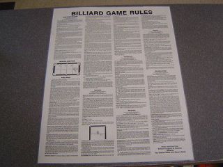 Billiards BCA Rules & Reg Non Lam. Poster 7 Pool Games