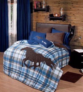 New Blue White Brown Faux Suede Polo Horse Cowboy Comforter Bedding 