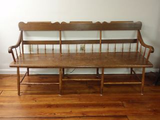 Antique Wood Bench Colonial Plank Board Settee w Arms and Half Spindle 