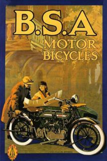 Couple BSA Motor Motorcycle Bicycle Trip Travel Vintage Poster Repro 