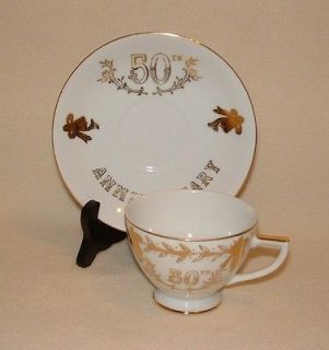   Lefton China Tea Cup & Saucer Set, 50th Anniversary, Hand Painted Gold