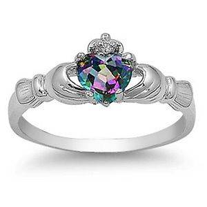 Hot Claddagh Silver Ring Rainbow with Clear CZ Sizes 5 9