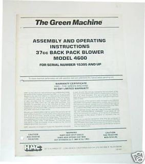 GREEN MACHINE Parts Operating Manual Back Pack 4600