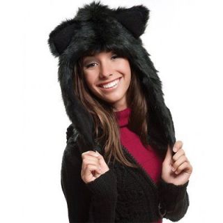 Animal Black Cat Half Hood Short Wolf Hat Ear Flaps Fur Plush 