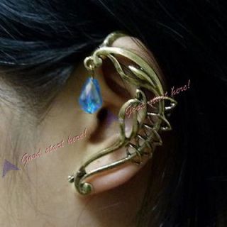   Antique Bronze Gothic Punk Ear Cuff Wrap Earring Stud W/Blue Crystal