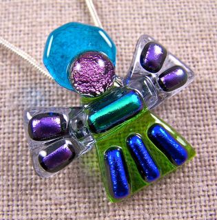 Dichroic Fused Glass ANGEL Green Teal PENDANT PIN COMBO Blue Purple 
