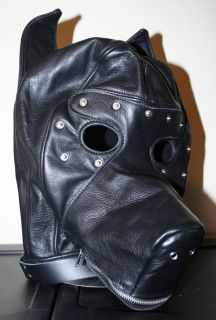 Real Leather Black Puppy Play Hood, Dog Mask, Blindfold, Zipper Muzzle 