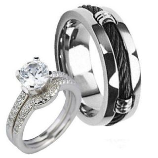   Black Cable Inlay Titanium Matching Silver 925 CZ Wedding Ring Set