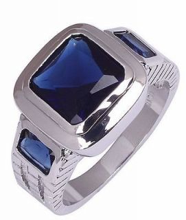   10 Jewelry Deluxe Mans Blue Sapphire 10KT White Gold Filled Ring Gift