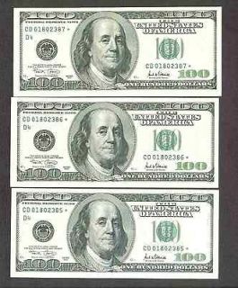 USA $100   NOTE # CD 01802385 01802386 01802387 * (STAR) UNCIRCULATED 