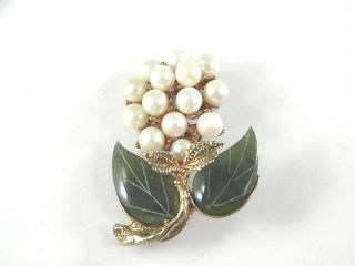 Swoboda Jade and Pearl Vintage Jewelry Flower Brooch