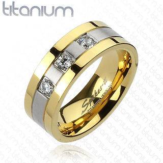   Titanium Gold IP Edges 2 Tone Brushed Center with 3 CZs Ring Size 9 13