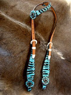 BRIDLE WESTERN LEATHER HEADSTALL HAIR ZEBRA TURQUOISE BLING TACK CROSS 