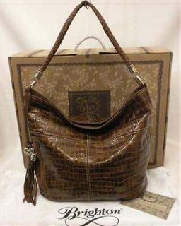 Brighton MIA Brandy Brown Croc Emb Patent Leather Bucket Shoulder Bag 