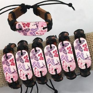   6pcs Pink Purple Butterfly Genuine Leather Bracelet For gift