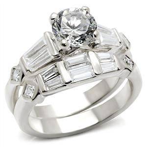   BAGUETTE CREATED CZ SILVER WEDDING ENGAGEMENT 2 RING BAND GUARD SET