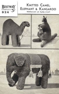Knitting PAttern TOY Elephant Kangaroo Camel Vintage