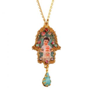   Gold Plated Hamsa Pendant w She Shy Ema Cameo & Blue Pink Crystals