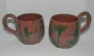   Signed North Carolina Cole Pink & Green Coffee Mugs Art Pottery (P