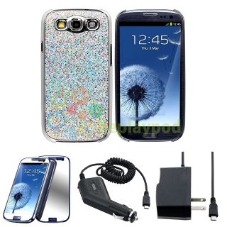 Glitter Hard Case+DC+Wall Charger+Mirror Film For Samsung Galaxy S III 