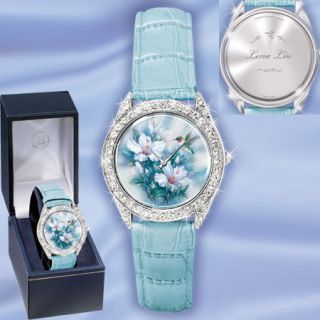   JEWELS Hummingbird & Floral Accented WATCH With AQUA LEATHER BAND