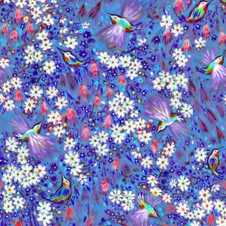 Charming Hummingbird and Flower Fantasy Fabric on BLUE